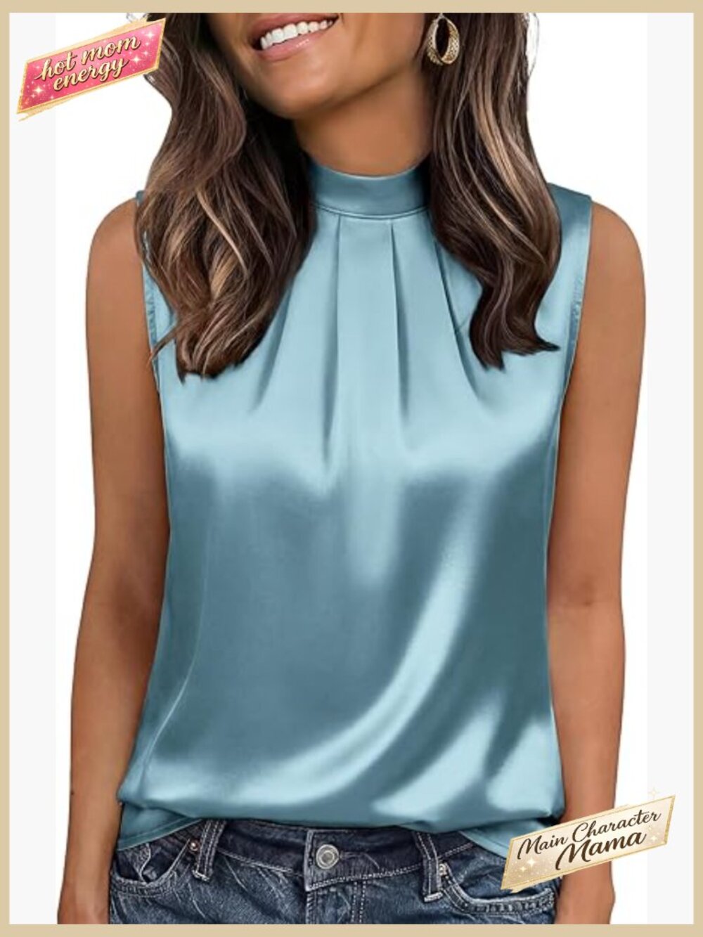 Silk Satin Mock Neck Camisole Tank Top Pleated Dressy Blouse Business Casual
